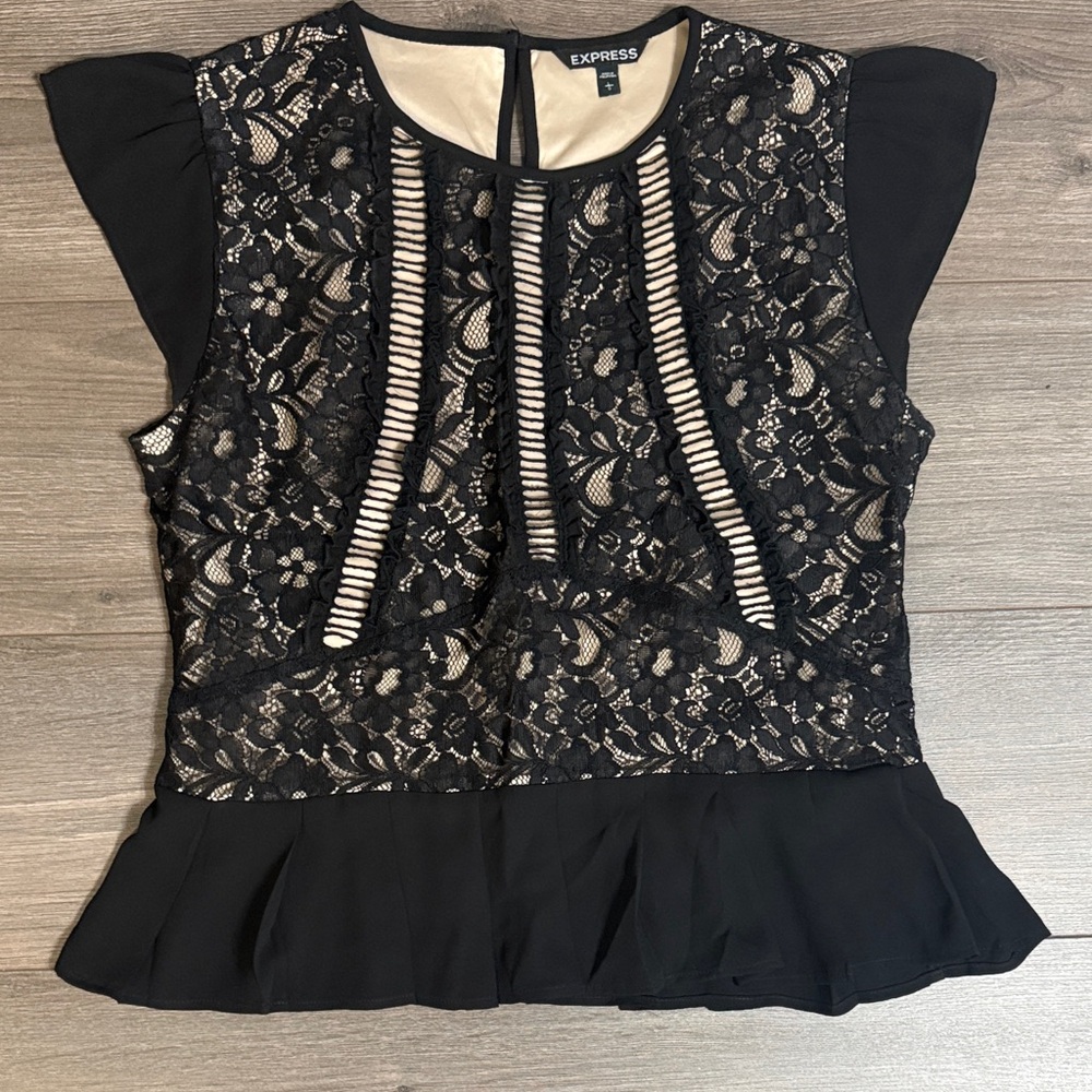Express Black Lace Blouse with Cream Accents